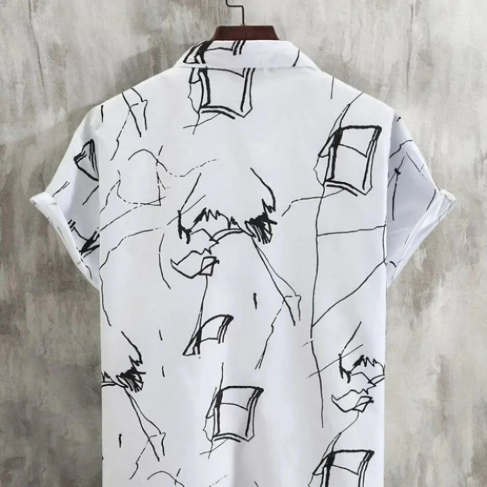 White Men's Allover Graphic Button Up Shirt Casual - Picture 2 of 5